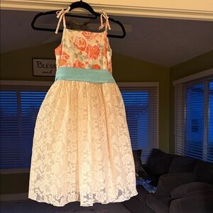 Magpie Mabel Floral Lace Sundress with Aqua Sash - Girl’s size 12 Dress